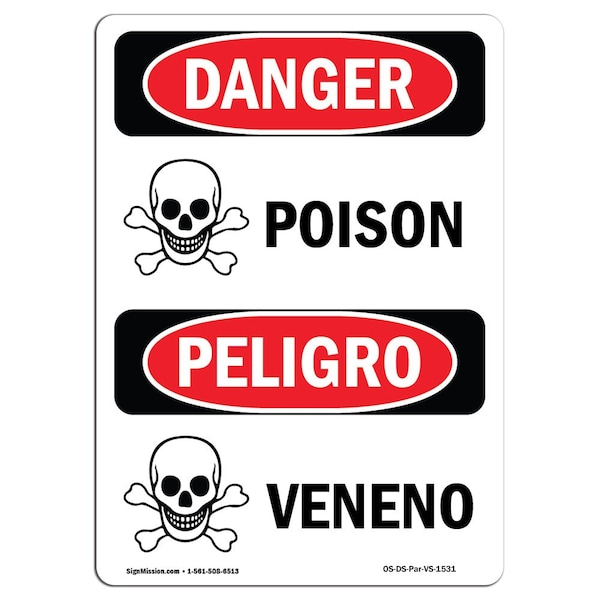 Safety Sign, OSHA Danger, 5" Height, Poison, Bilingual Spanish, 10PK